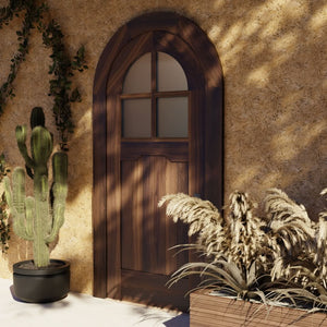 Mira Round Top Glass Exterior Front Door next to a cactus and a flower box