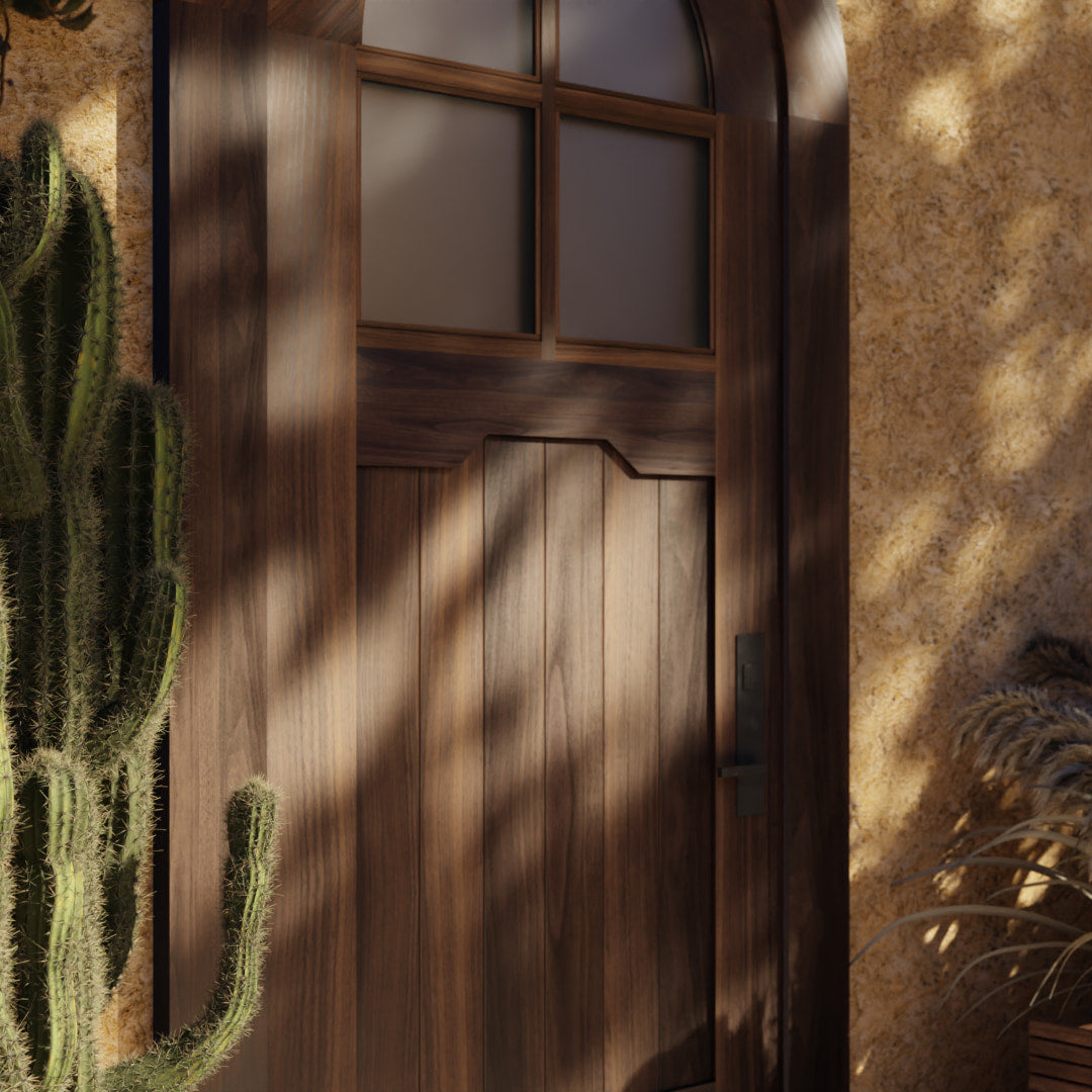 Walnut Wood Mira Round Top Glass Exterior Front Door next to a cactus and a flower box