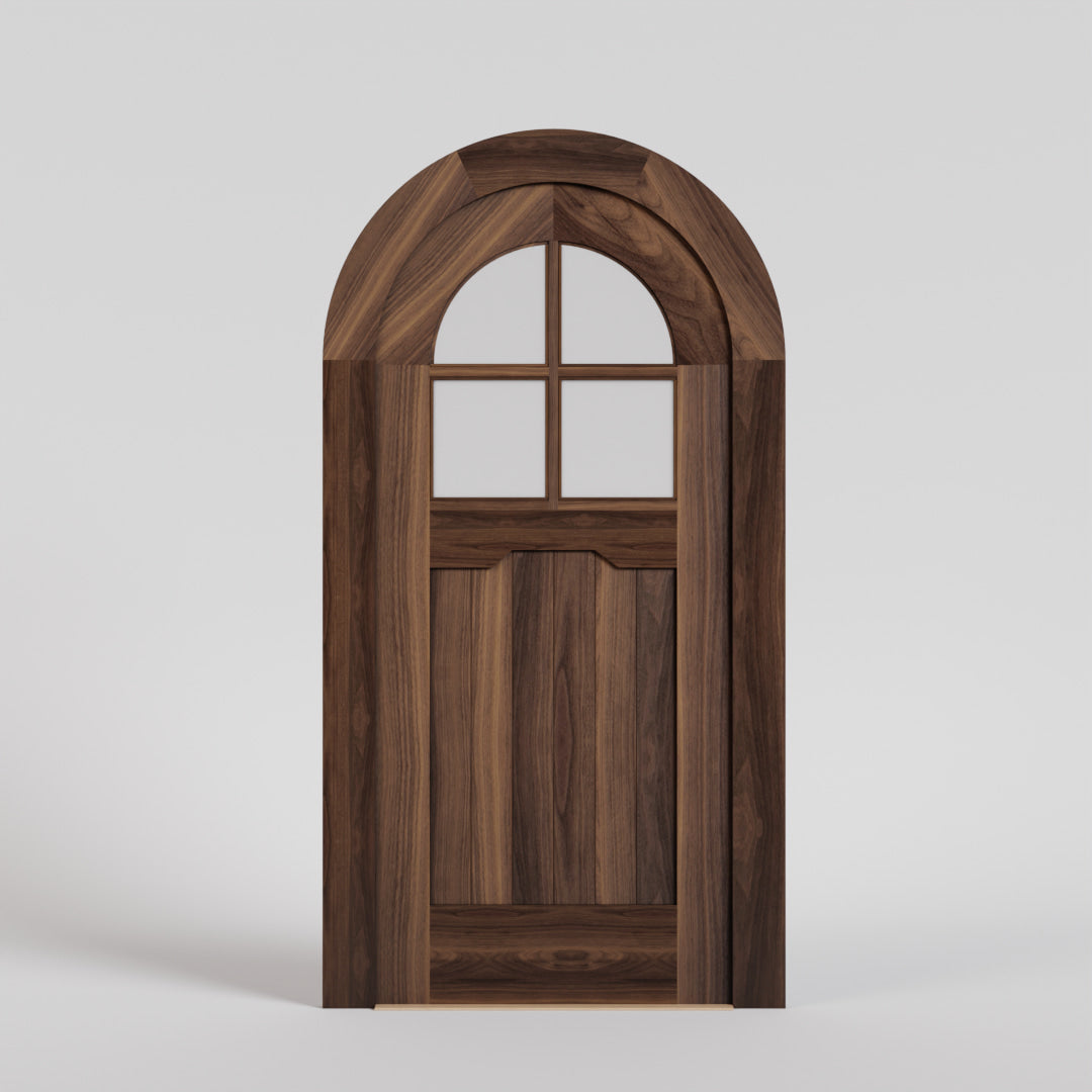 Round Top Door with Four Glass Panel Window in Black Walnut with matching casing