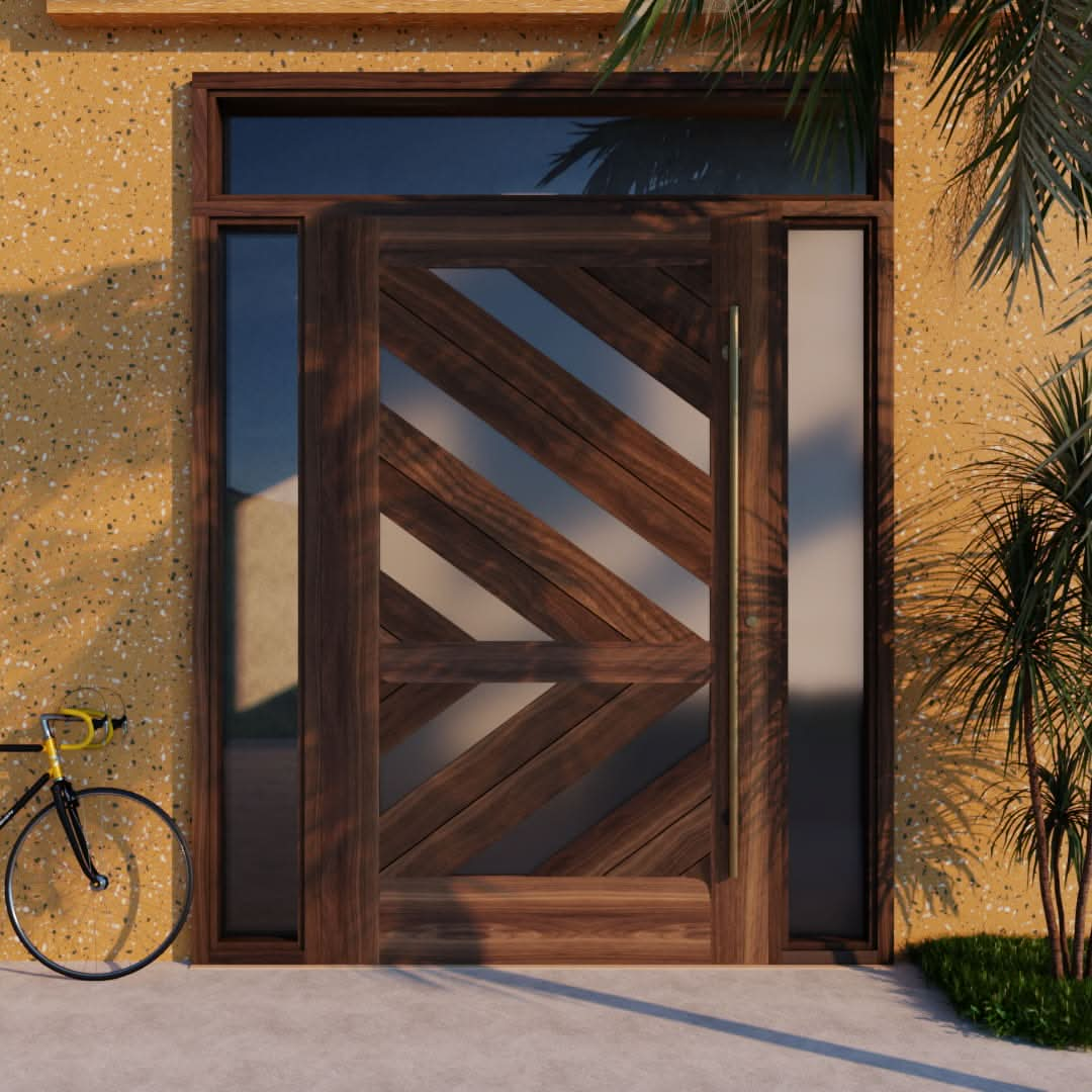 Monarch Pivot Door With Sidelights and Transom and long brass handle on a yellow terrazzo wall