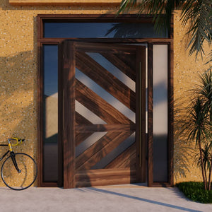 Open Monarch Pivot Door With Sidelights and Transom and long brass handle on a yellow terrazzo wall