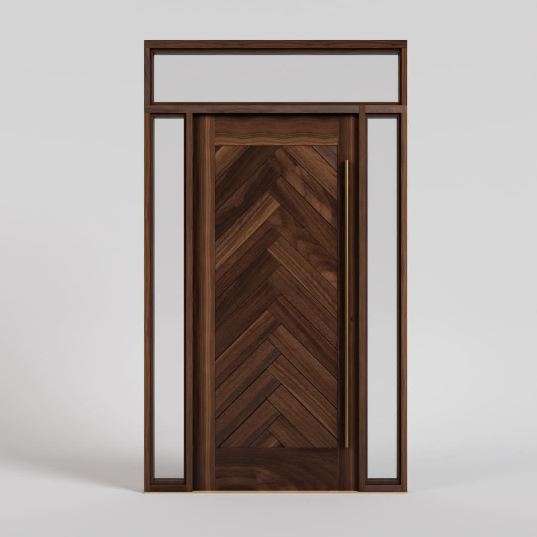 Montauk Herringbone Front Door with sidelights and transom on a white background