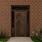 Montauk Herringbone Front Door with sidelights and transom on a terracotta wall 