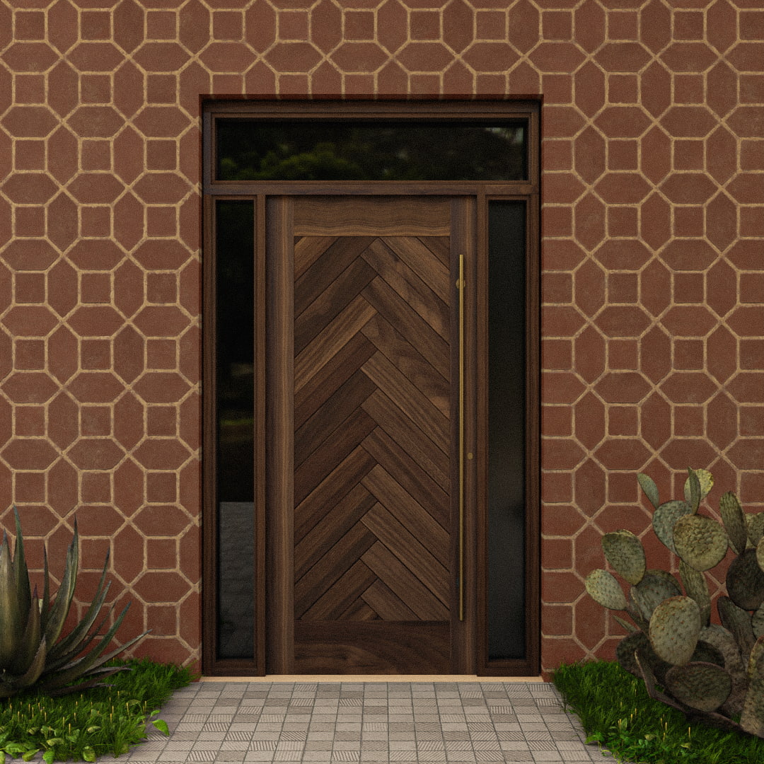 Montauk Herringbone Front Door with sidelights and transom on a terracotta wall 