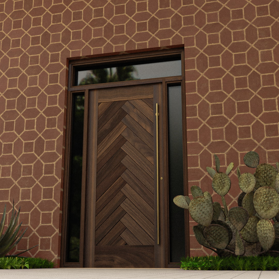 Modern Montauk Herringbone Front Door with sidelights and transom