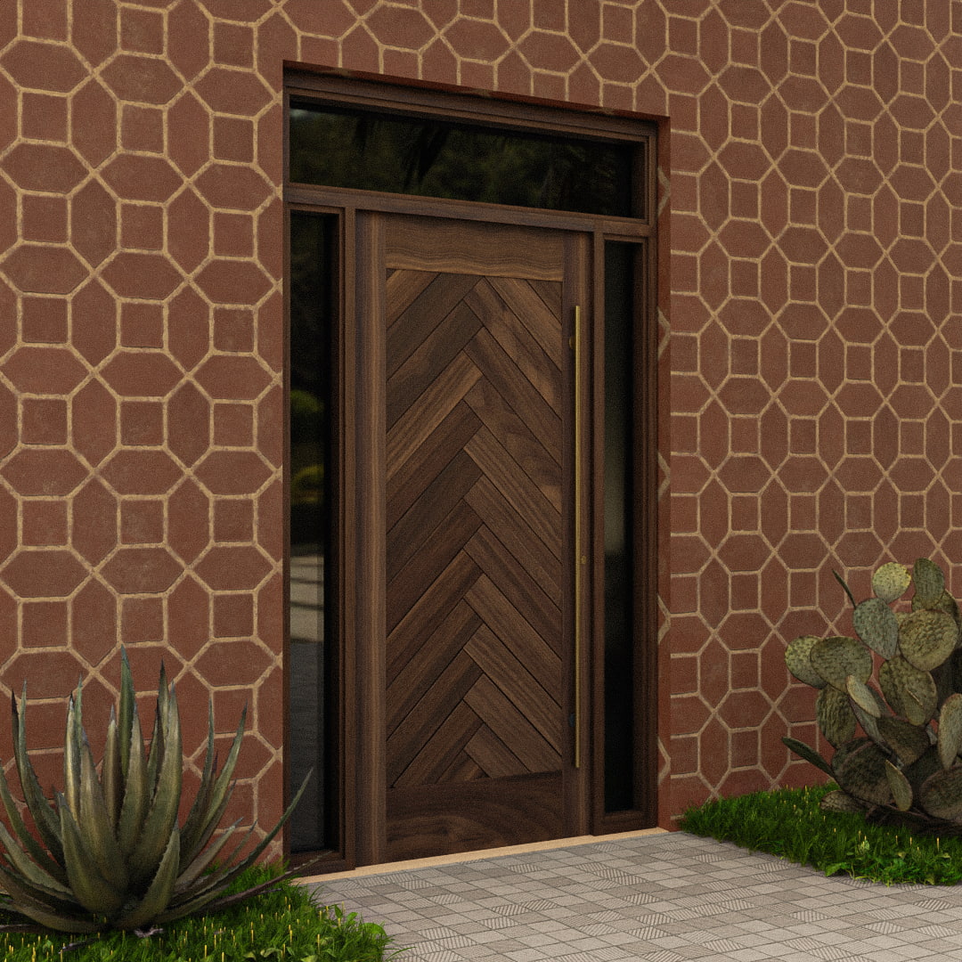 Montauk Herringbone Front Door with sidelights and transom and a brass handle