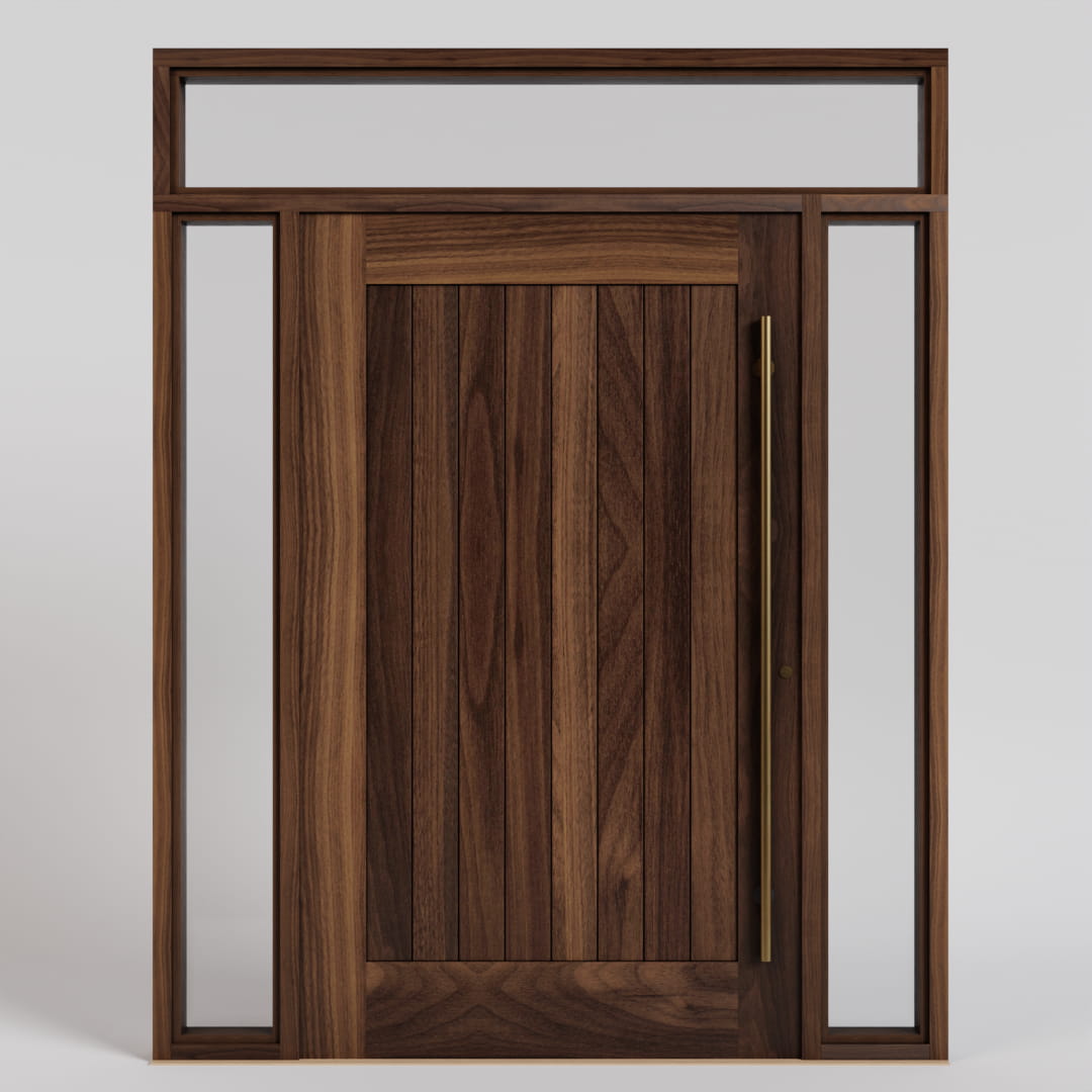 Monterey Single Panel Tongue and Groove  Pivot Door with sidelights and transom and a long brass handle