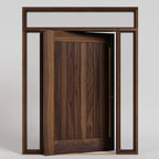 Monterey Single Panel Tongue and Groove  Pivot Door with sidelights and transom and a long brass handle