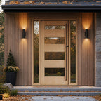 Wooden front door of a house with outdoor lighting and plants.