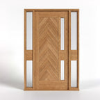 Wooden door with chevron pattern and side lights on a white background