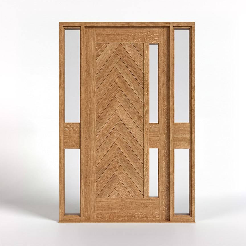 Wooden door with chevron pattern and side lights on a white background