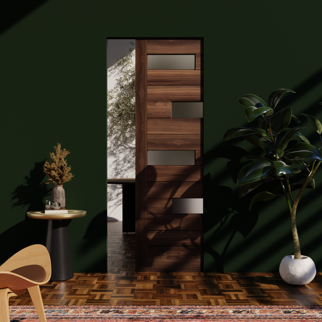 Walnut Wood Modern Offset Slat Sliding Barn Door With Horizontal Glass Panels