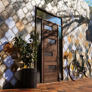 Offset Slat Modern Wood Front Door With Glass next to a bike and plant on a tile wall