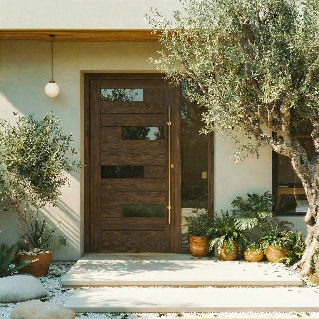 Modern wooden front door with decorative elements on a house exterior.