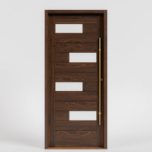 Ojai Offset Slat Modern Wood Front Door With Glass with casing and long handle and threshold