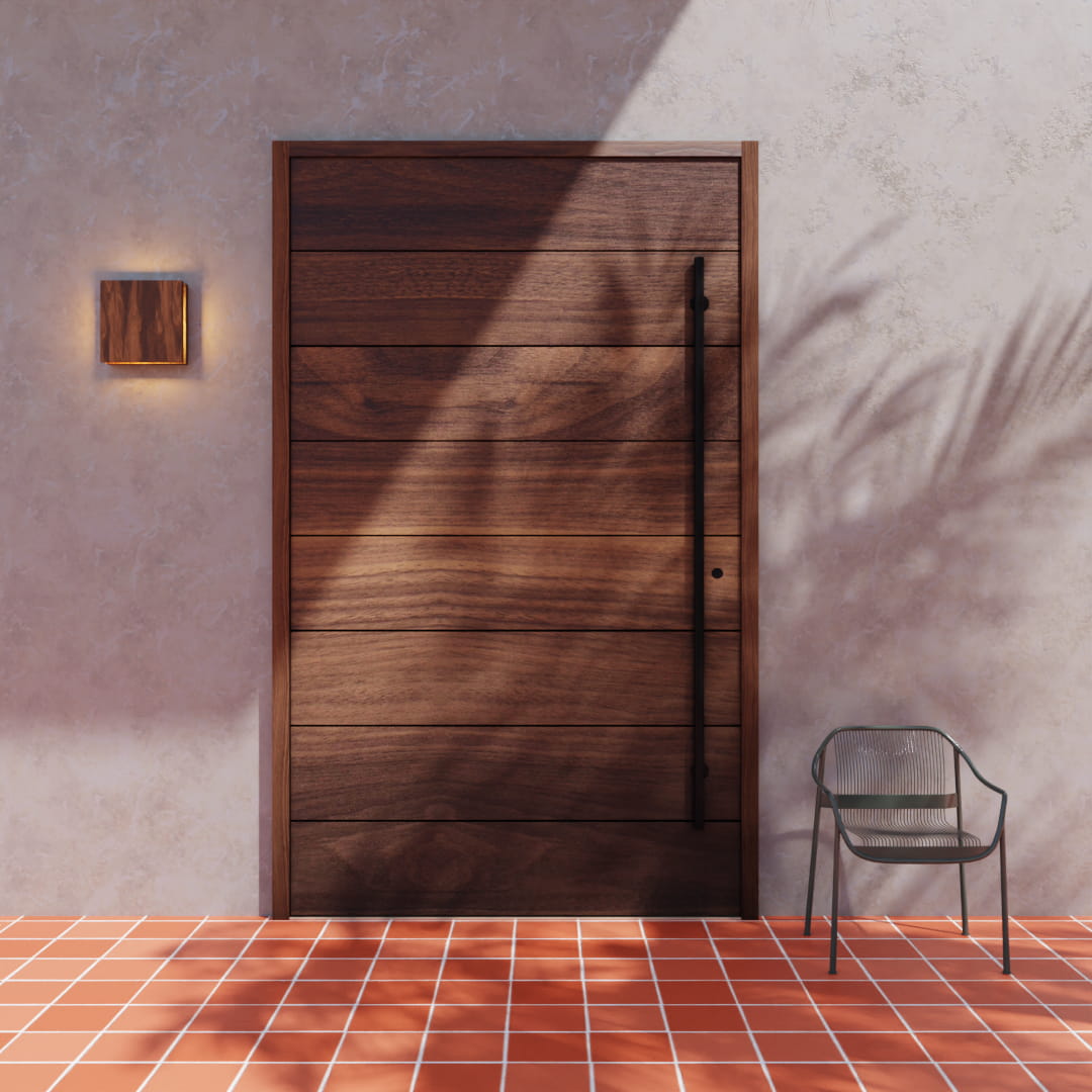 Walnut Wood Pacifica Contemporary Pivot Door on a modern entryway with concrete wall and red tiles next to a chair and a modern wood wall lamp
