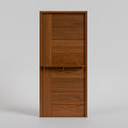 Wooden  dutch door with shelf 
with horizontal slats on a gray background