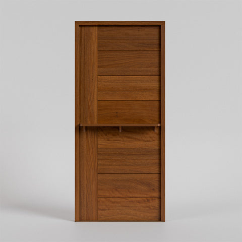 Wooden  dutch door with shelf 
with horizontal slats on a gray background