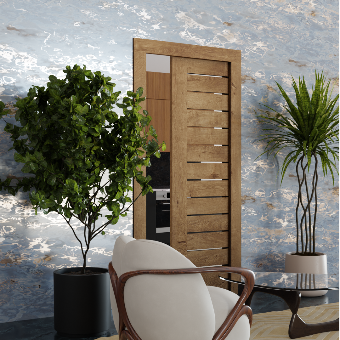 White Oak Mid-Century Modern Plank Sliding Screen Pocket Door in a living room space