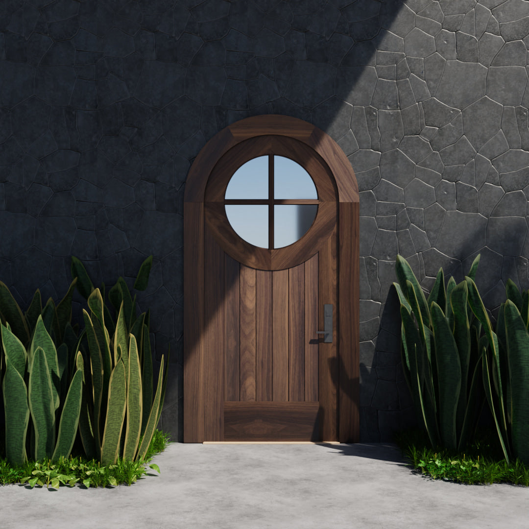 Round Window Black Walnut Door with matching casing on black stone southwestern home