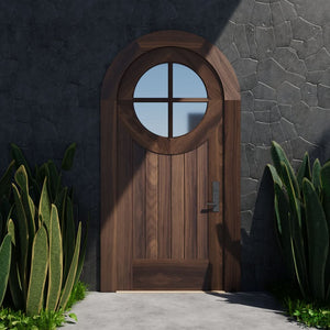 Black Walnut round top door on southwestern style black tile home with matched casing