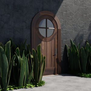 alternate view of Round Window door in Black Walnut on southwestern style home with matching casing