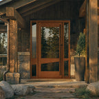 Wooden door of a rustic cabin with stone steps and potted plants.