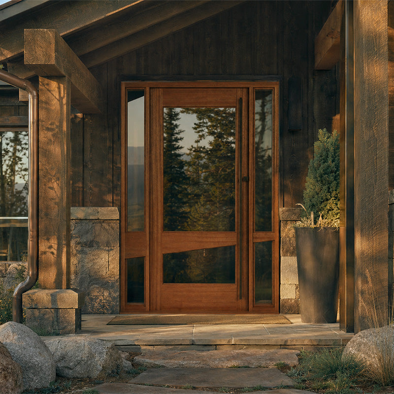 Wooden door of a rustic cabin with stone steps and potted plants.
