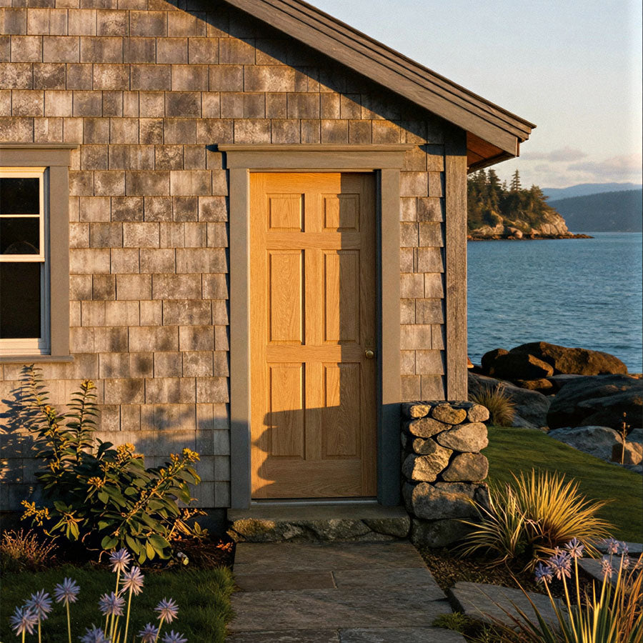 Waverly Mid-Century Modern front door in  quarter sawn white oak in a Washington coastal home.