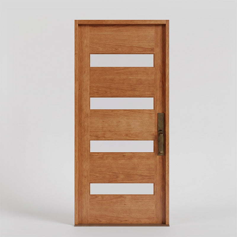 A modern wooden entry door with four horizontal rectangular glass inserts and a dark metal handle, shown against a light gray studio background.