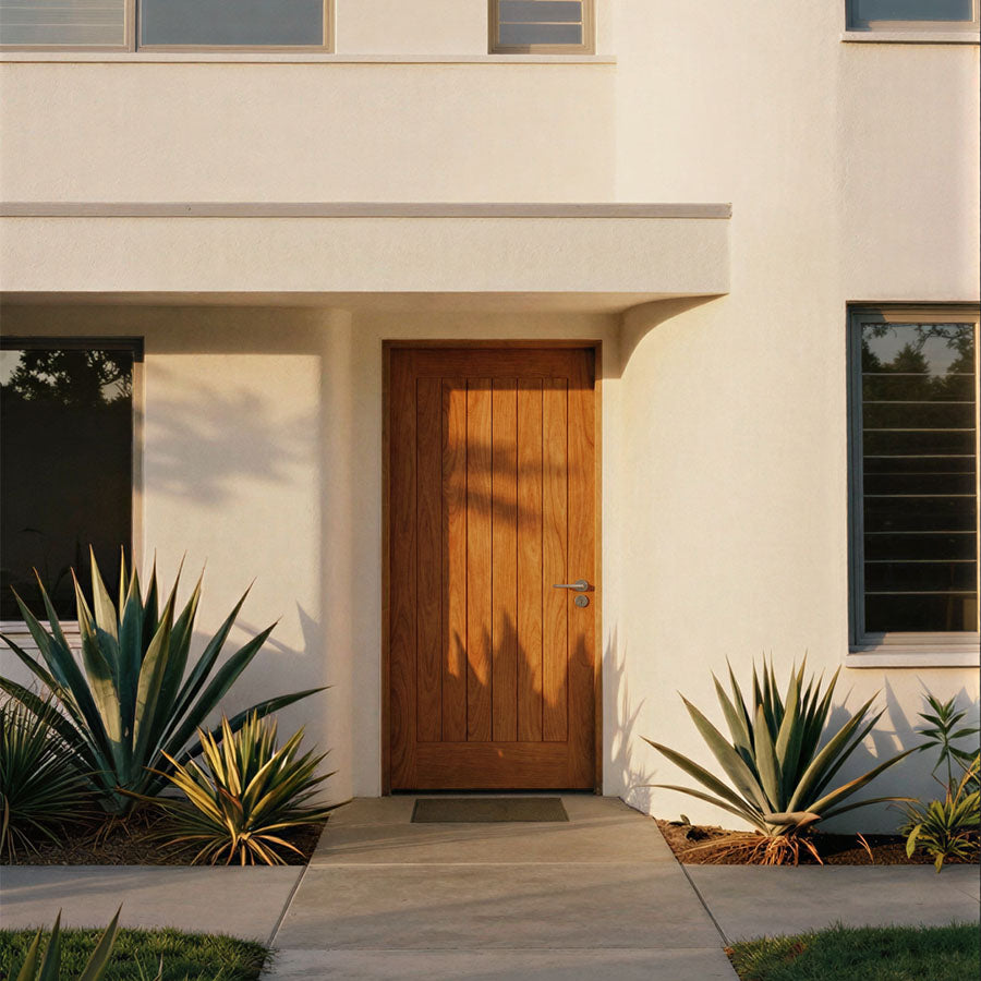 Modern house with a San Simeon wooden door and cacti in front