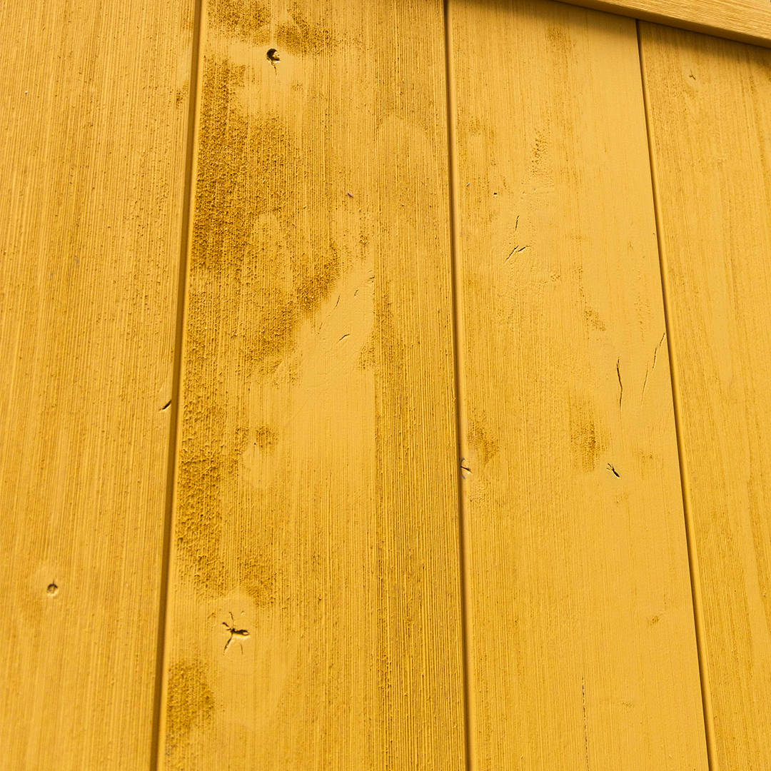 Weathered wood farmhouse barn door in yellow