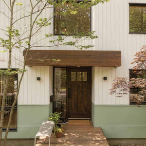 Modern house exterior with a wooden walnut front door and green base