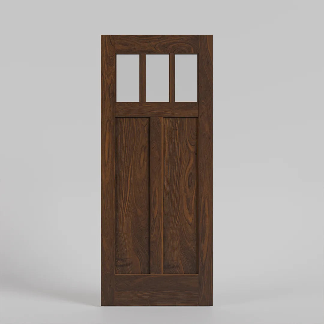 Wooden door with glass panels on a gray background