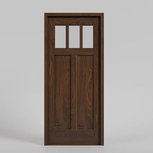 Walnut Wooden front door with a glass panel on a gray background