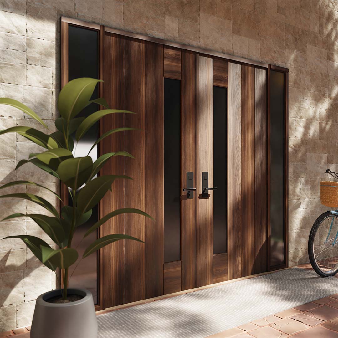 Wood Mid-Century Modern Double Front Doors With Side Window next to a plant and bike