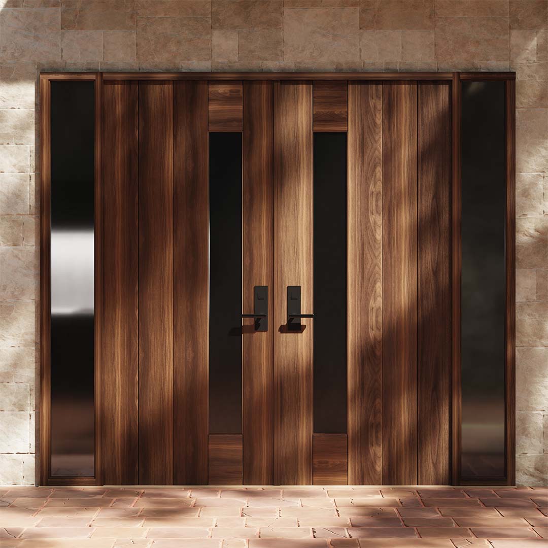 Walnut Wood Modern Double Front Doors With Side Window on a stone building