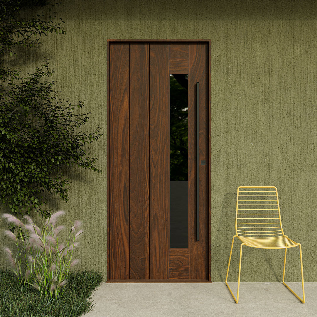 Carmel Mid-Century Modern solid walnut wood front door with slim vertical side window and plank detailing on white background.