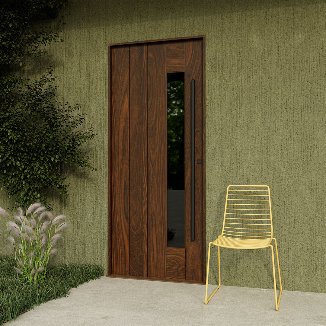 Walnut mid-century modern front door with slim side window and clean plank design, styled with outdoor chair and greenery.