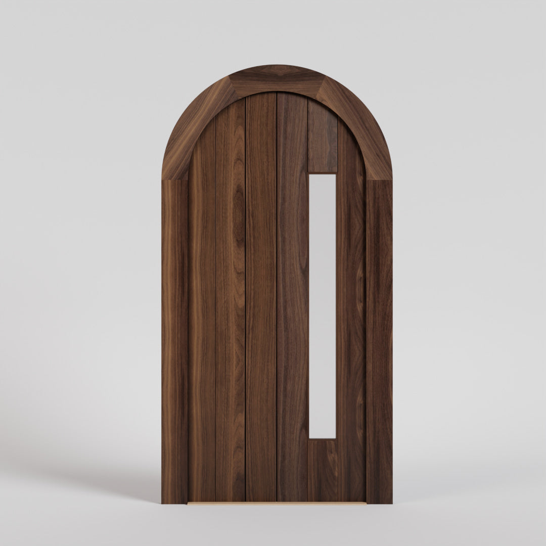 Round Top Flush Plank Door with Window with matching casing in Black Walnut 