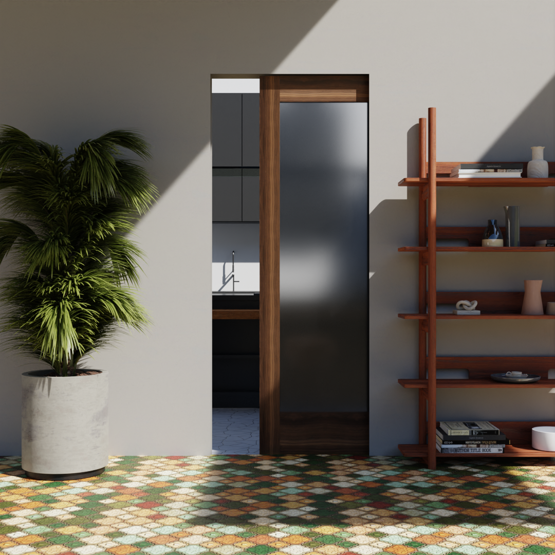 Modern Single Panel Glass Pocket Door in a living room next to a bookshelf