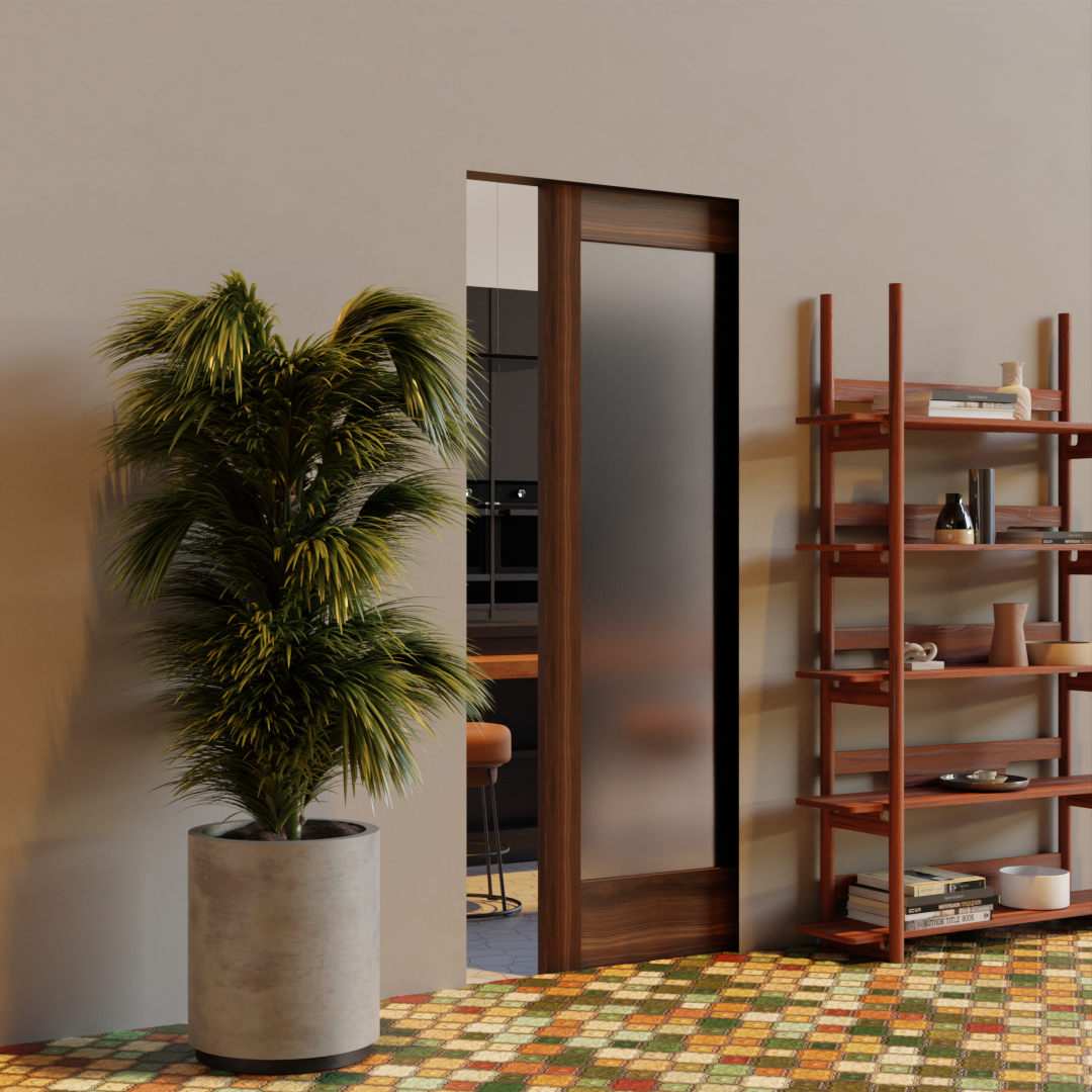 Modern Single Panel Glass Pocket Door next to a bookshelf and plant
