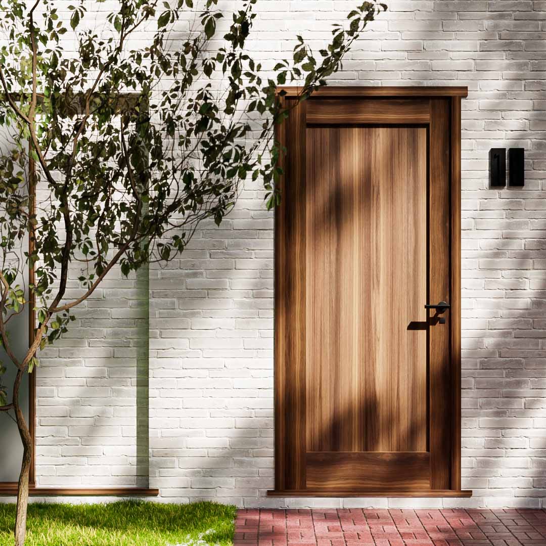 Solid Core walnut exterior door on a white wall