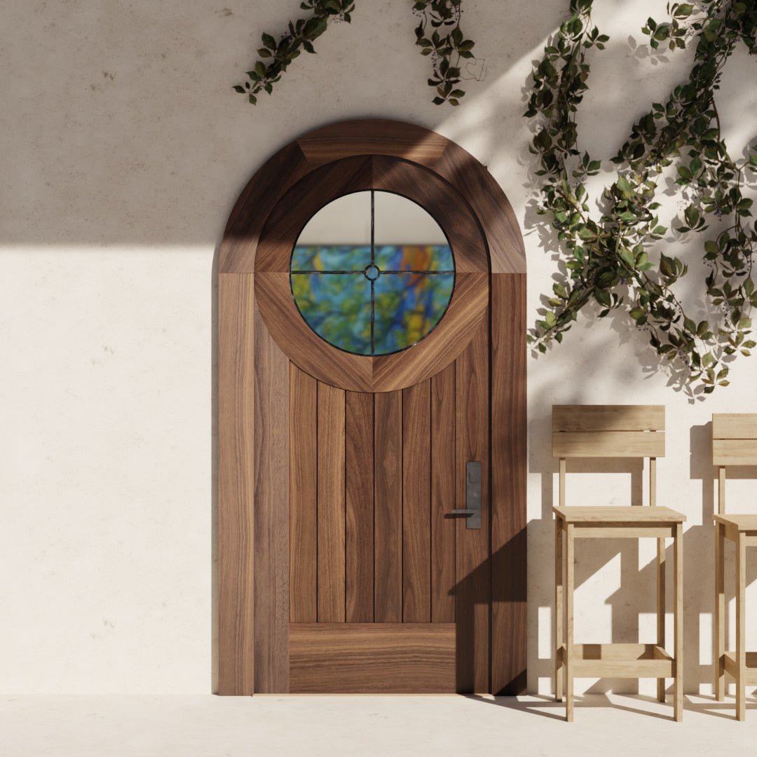 Round Window Door in Black Walnut with matching casing on modern home