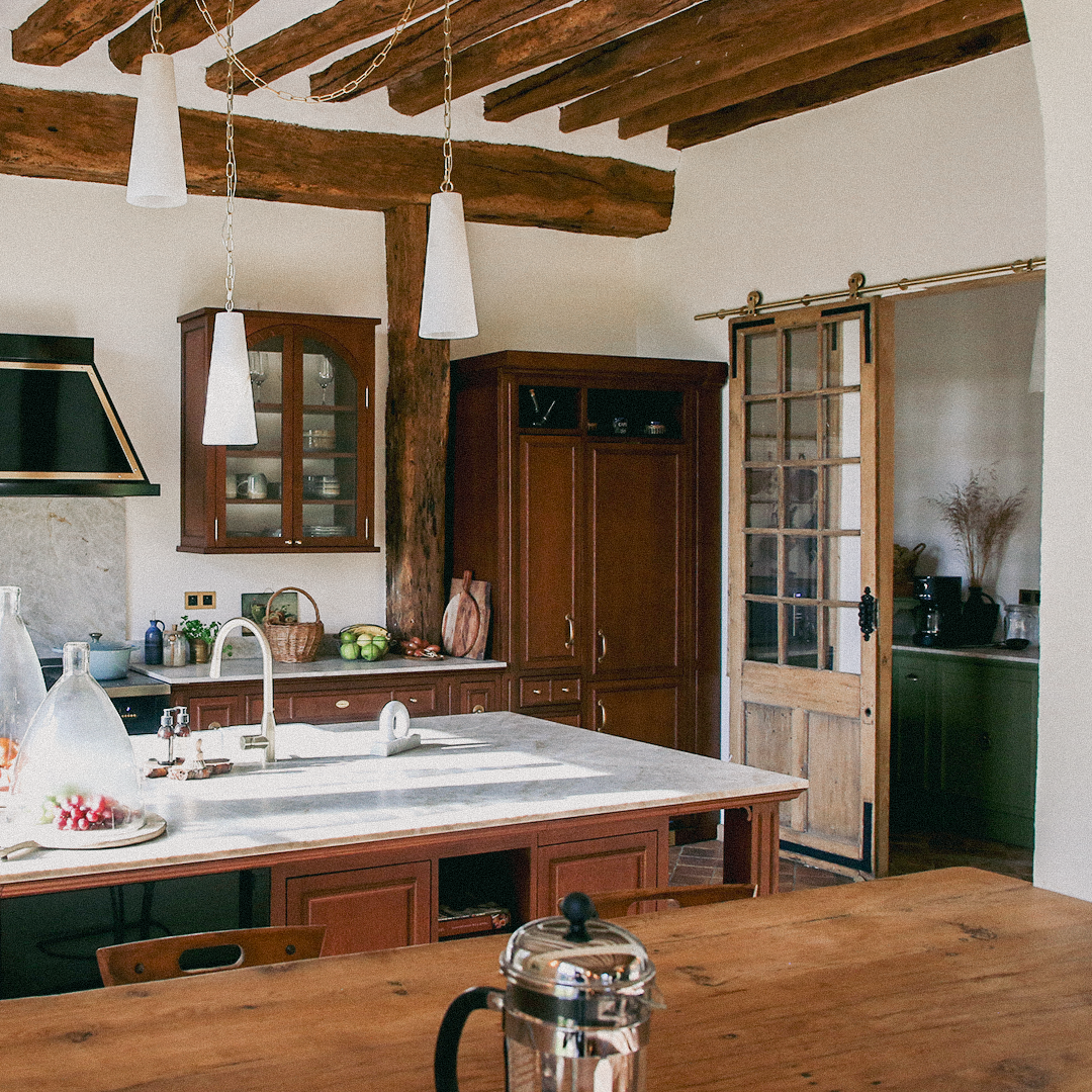Modern Farmhouse kitchen with Brass swiss rod sliding hardware on the door