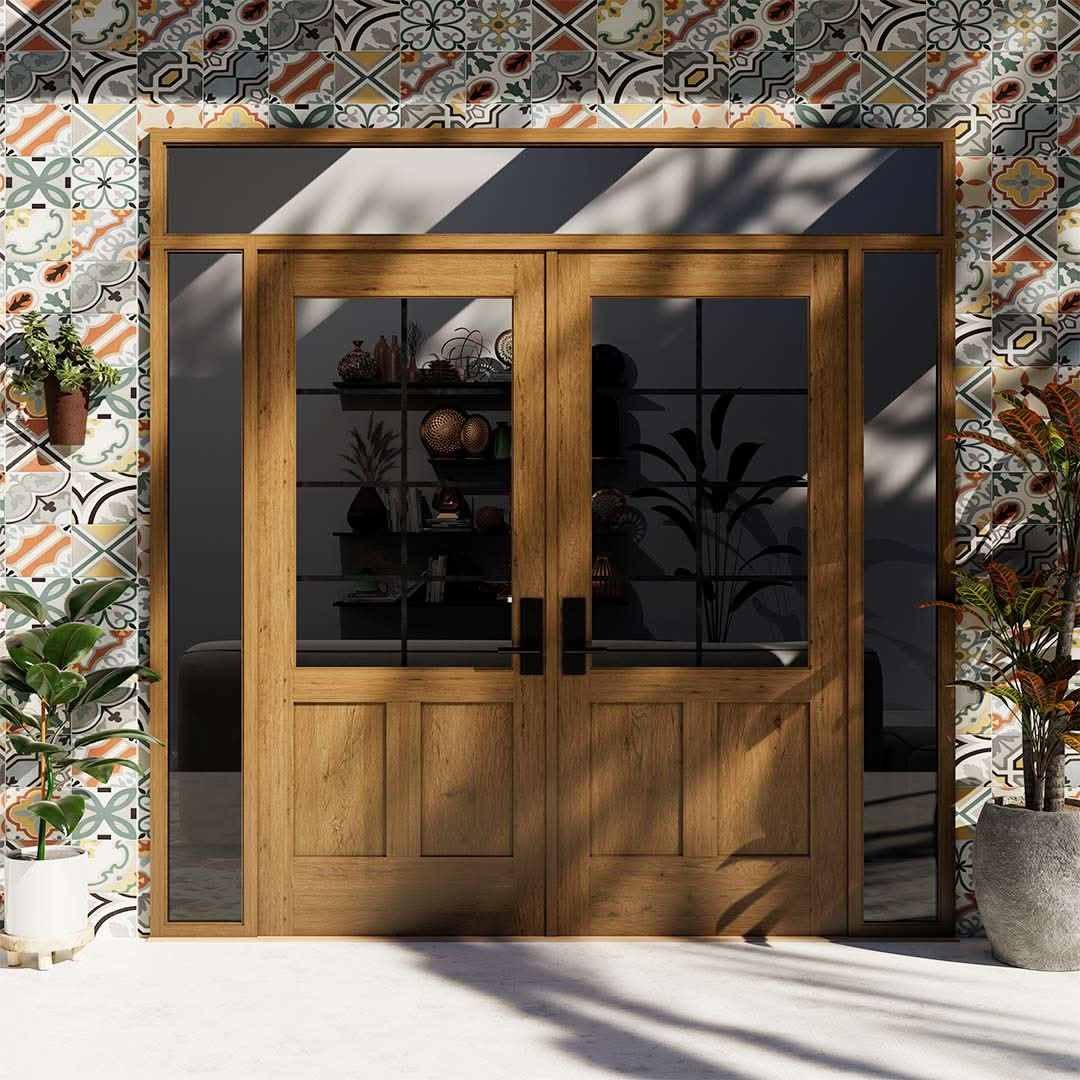 White Oak 3/4 Glass Exterior French Doors on a tile wall next to potted plants