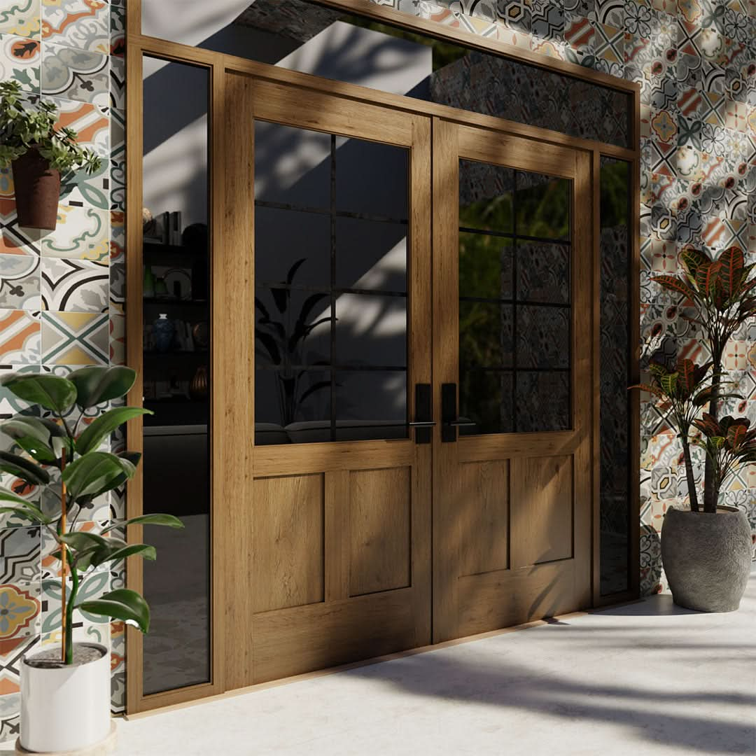 White Oak 3/4 Glass Exterior French Doors on a tile wall next to potted plants