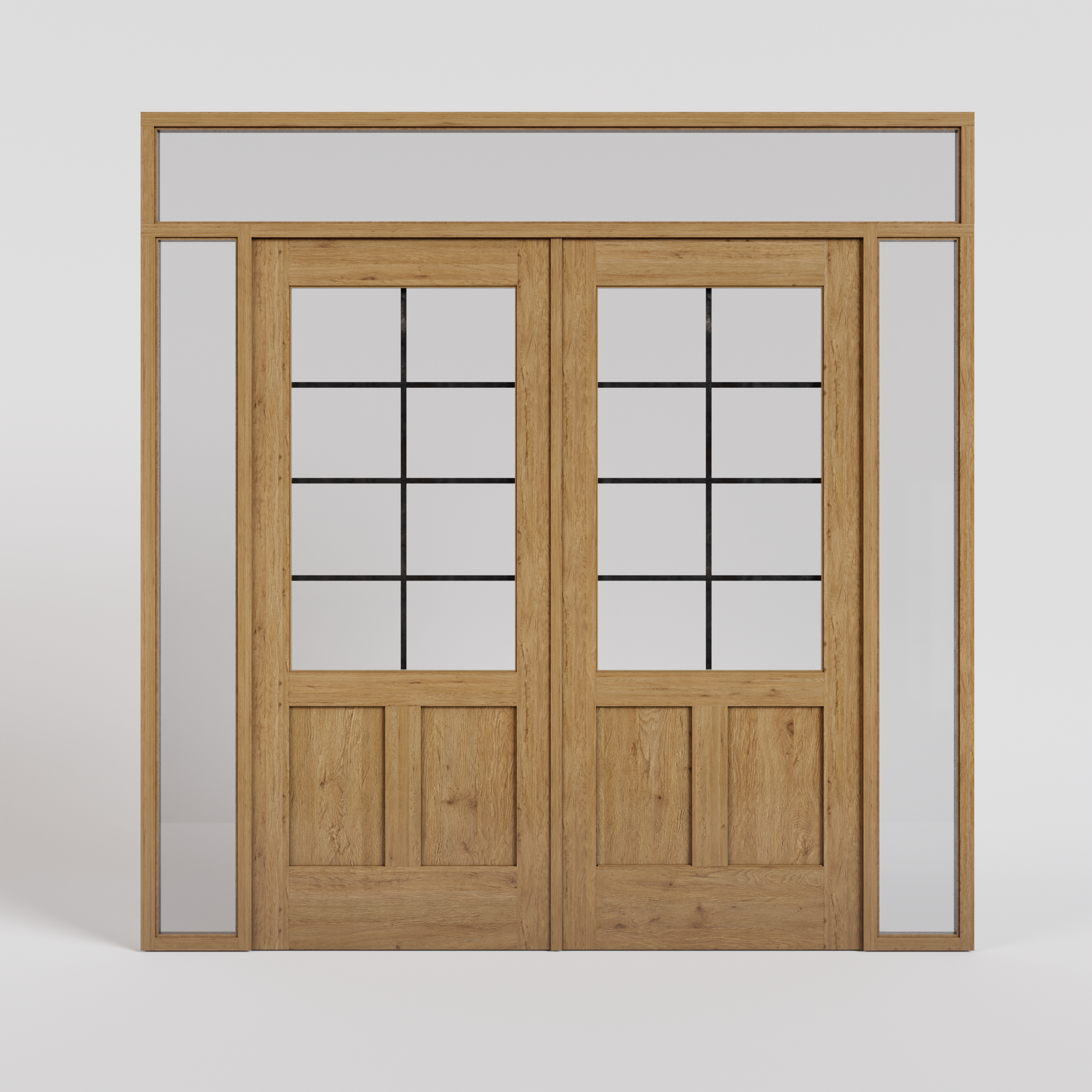 White Oak 3/4 Glass Exterior French Double Doors with sidelights and transom