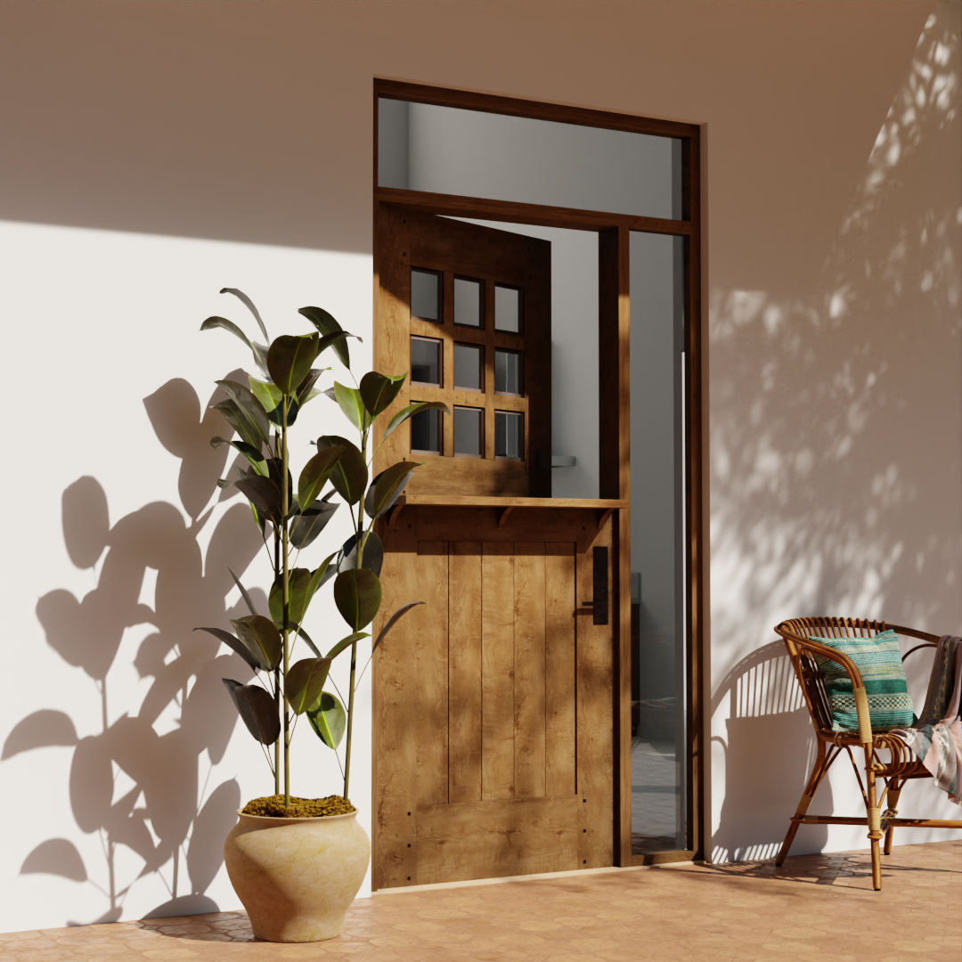 alternate view of Dutch door with nine glass panels on Southwestern style home with plant and chair