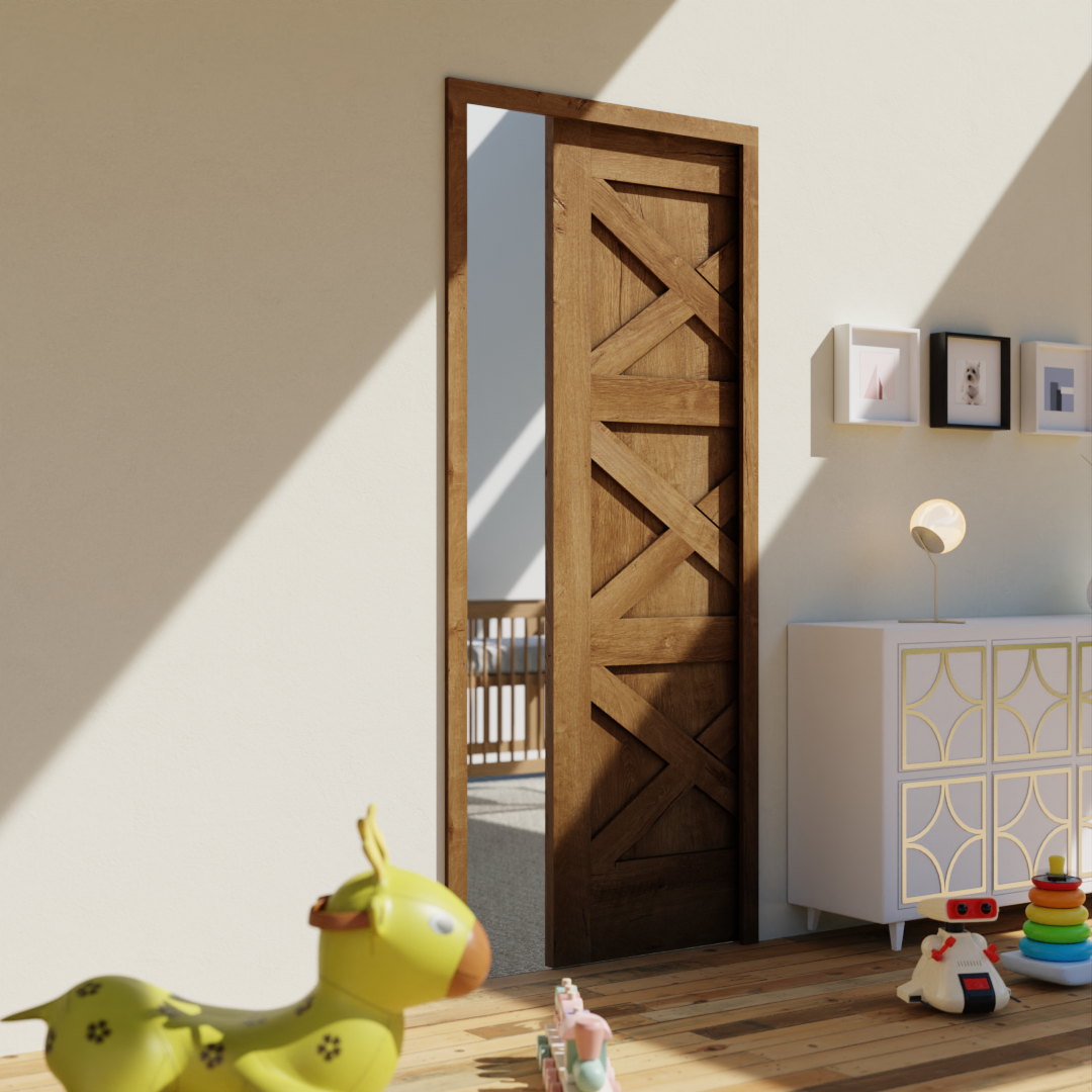 Solid White Oak Craftsman Triple X Pocket Door in a kids bedroom